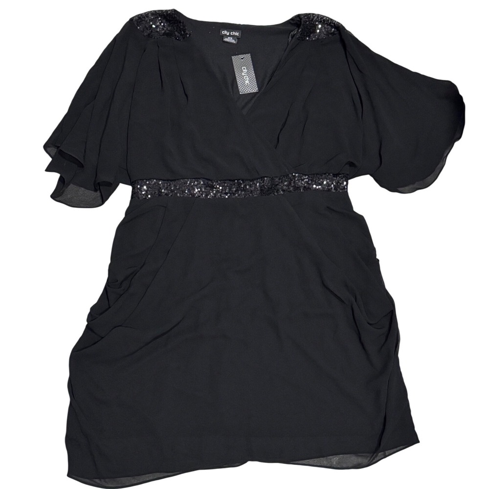 City Chic Sequin Wrap Dress Womens M 18 Black NEW Flutter Sleeve‎ Cocktail